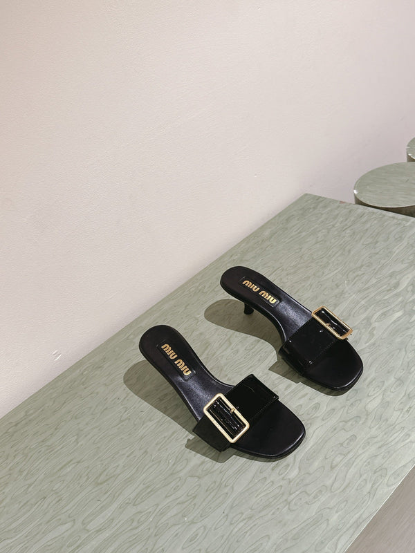 Miu x Balanc Studded Buckle Elegant Mules 45mm Black Patent Leather 445870