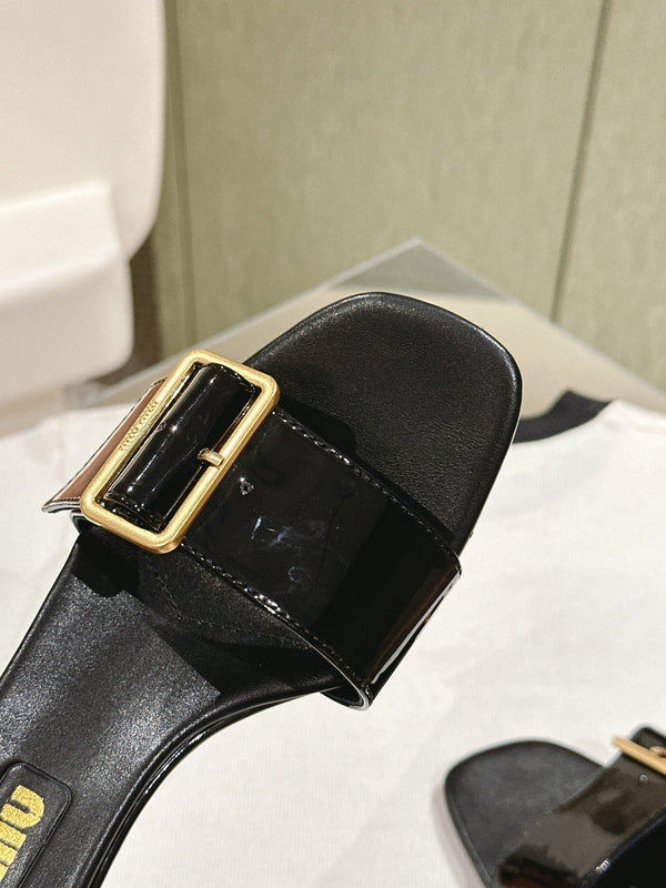 Miu x Balanc Studded Buckle Elegant Mules 45mm Black Patent Leather 445870