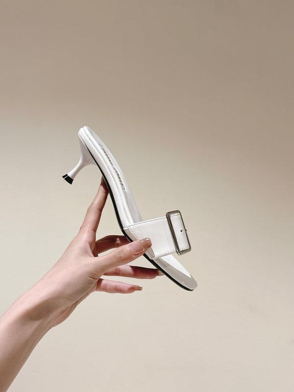 Miu x Balanc Studded Buckle Elegant Mules 45mm White Patent Leather 445871