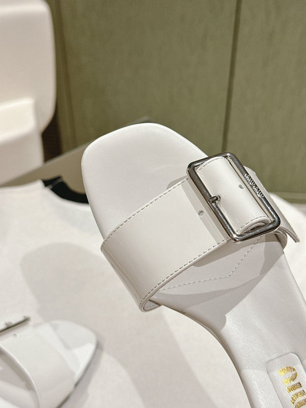 Miu x Balanc Studded Buckle Elegant Mules 45mm White Patent Leather 445871