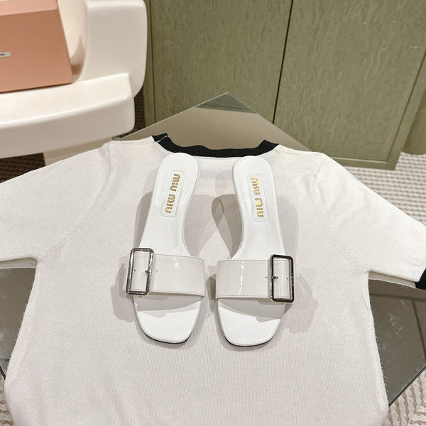 Miu x Balanc Studded Buckle Elegant Mules 45mm White Patent Leather 445871