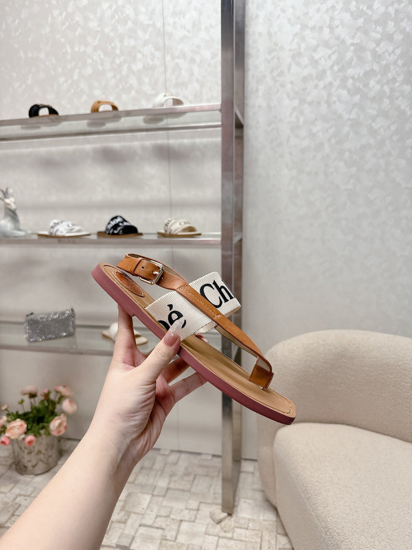 SANDALI INFRADITO CHLOÉ IN PELLE DI VITELLO MARRONE CANNELLA E TELA BIANCA