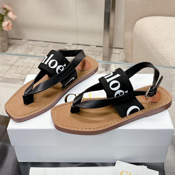 CHLOÉ THONG SANDALS IN BLACK CALFSKIN AND CANVAS
