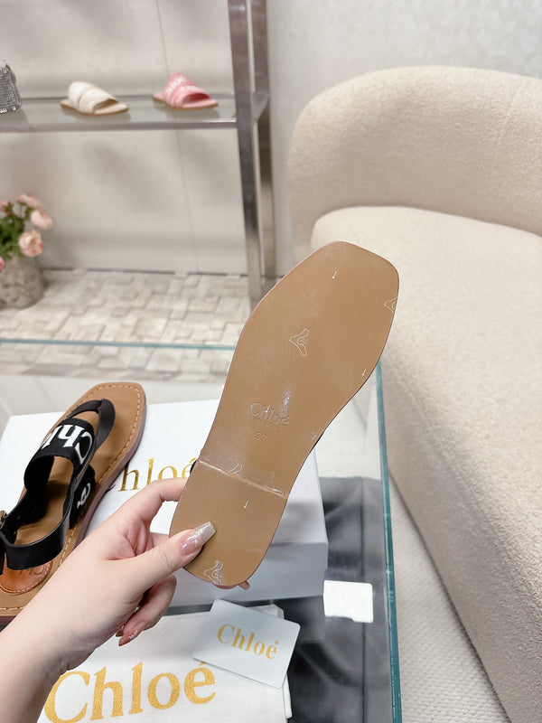 CHLOÉ THONG SANDALS IN BLACK CALFSKIN AND CANVAS