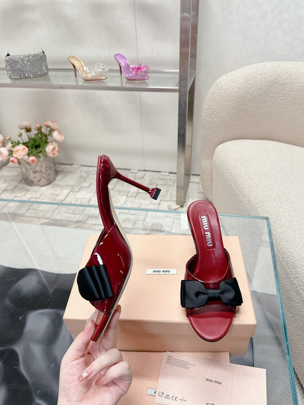 Miu Mordoré Black Bows Mules 70mm Burgundy Cowhide 445511