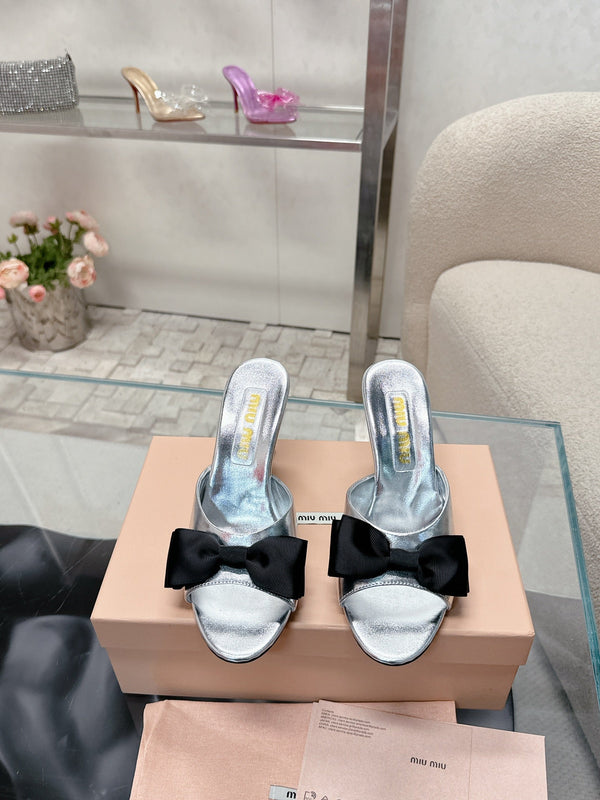 Miu Mordoré Black Bows Mules 70mm Sliver Cowhide 445513