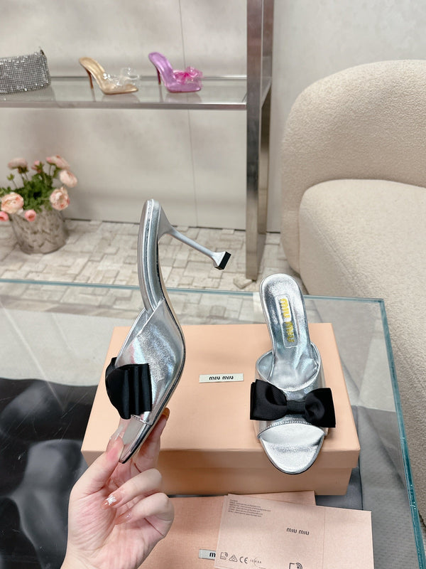 Miu Mordoré Black Bows Mules 70mm Sliver Cowhide 445513
