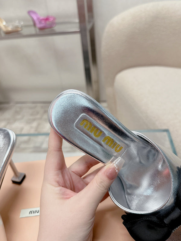 Miu Mordoré Black Bows Mules 70mm Sliver Cowhide 445513