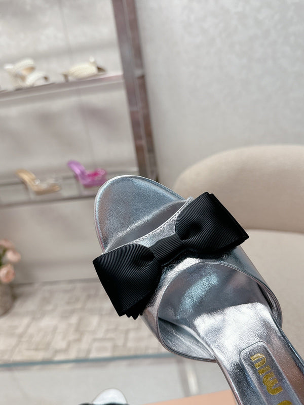 Miu Mordoré Black Bows Mules 70mm Sliver Cowhide 445513