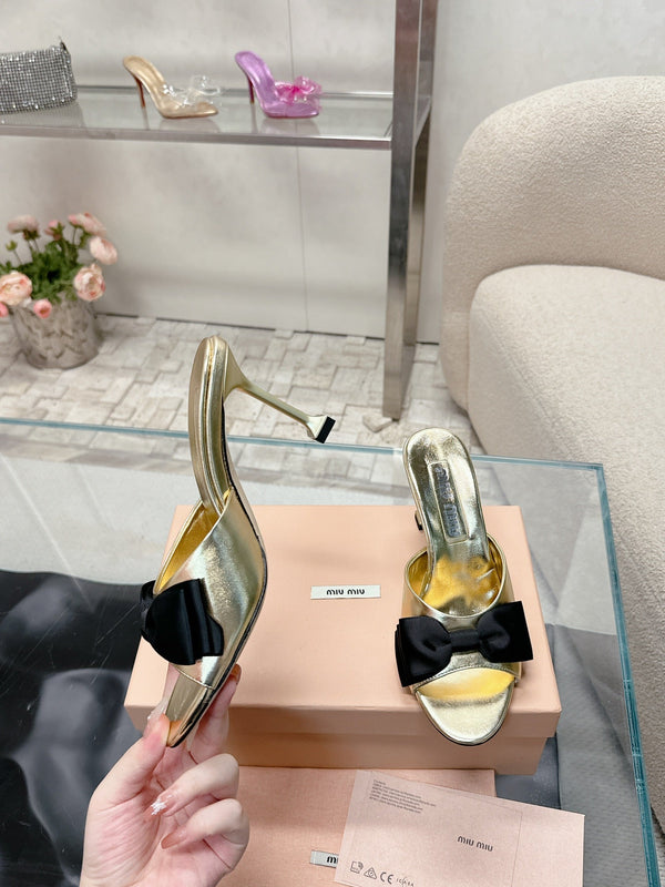 Miu Mordoré Black Bows Mules 70mm Gold Cowhide 445514