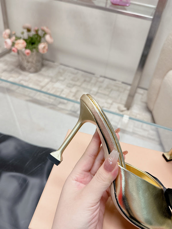 Miu Mordoré Black Bows Mules 70mm Gold Cowhide 445514