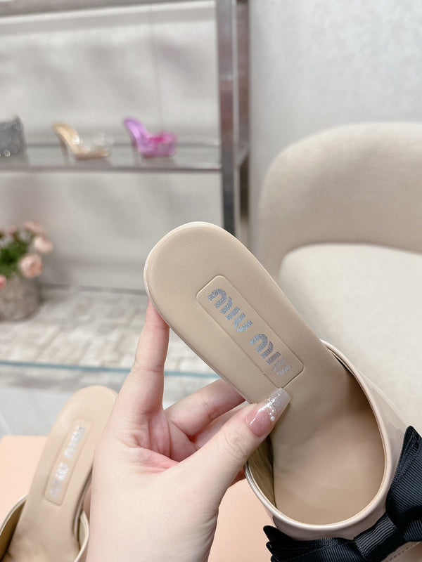 Miu Mordoré Black Bows Mules 70mm Beige Cowhide 445515