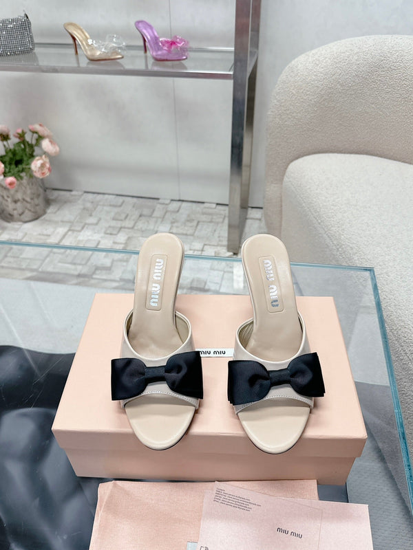 Miu Mordoré Black Bows Mules 70mm Beige Cowhide 445515