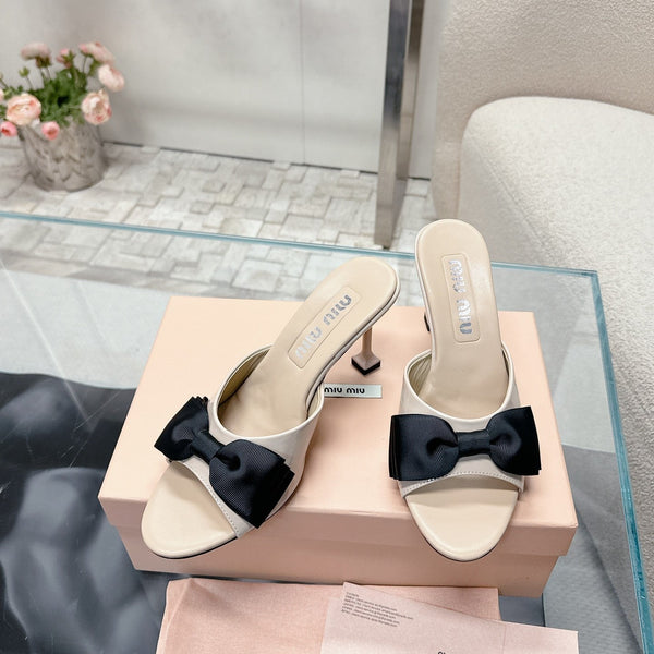 Miu Mordoré Black Bows Mules 70mm Beige Cowhide 445515