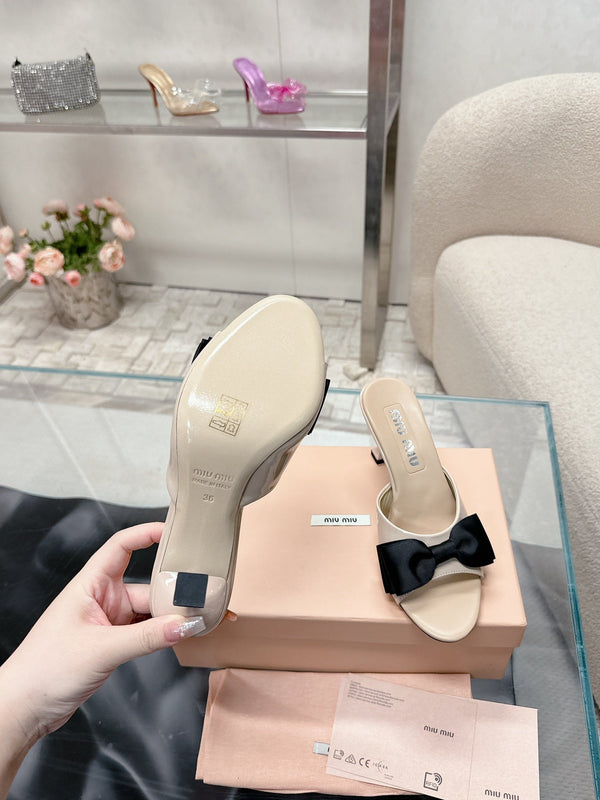 Miu Mordoré Black Bows Mules 70mm Beige Cowhide 445515