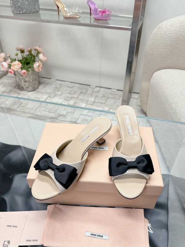 Miu Mordoré Black Bows Mules 50mm Beige Cowhide 445517
