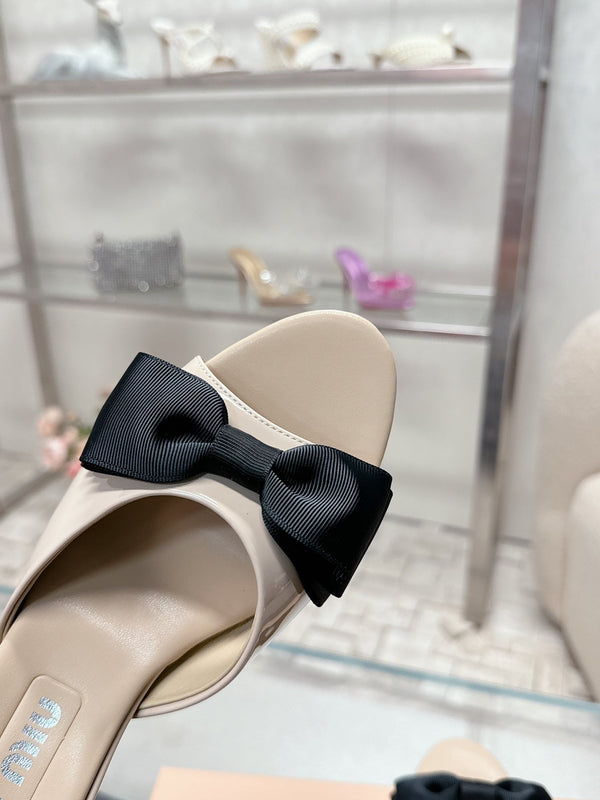 Miu Mordoré Black Bows Mules 50mm Beige Cowhide 445517