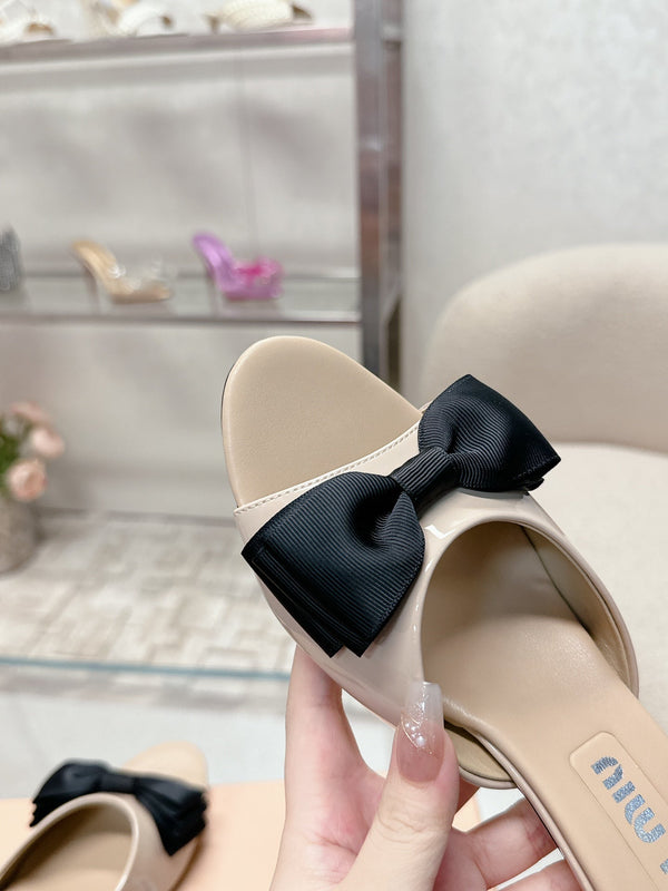 Miu Mordoré Black Bows Mules 50mm Beige Cowhide 445517