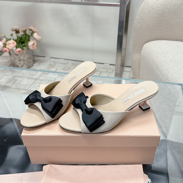 Miu Mordoré Black Bows Mules 50mm Beige Cowhide 445517