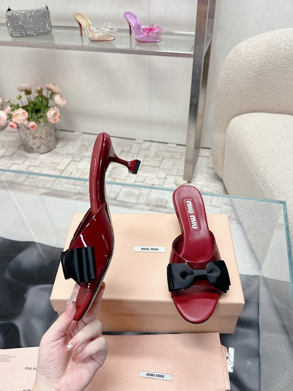 Miu Mordoré Black Bows Mules 50mm Burgundy Cowhide 445520