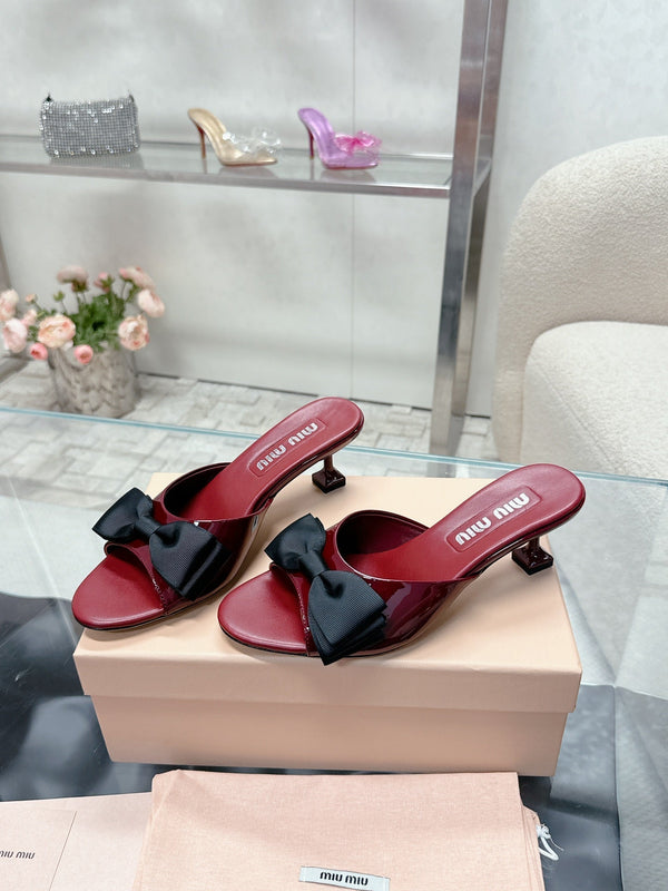 Miu Mordoré Black Bows Mules 50mm Burgundy Cowhide 445520
