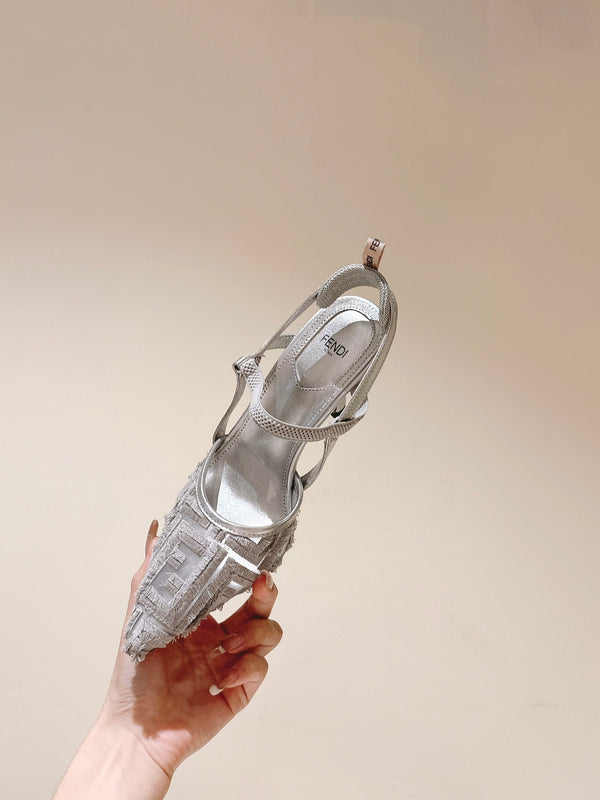 FENDI COLIBRÌ HIGH-HEELED SLINGBACKS 75MM IN LIGHT GREY FABRIC