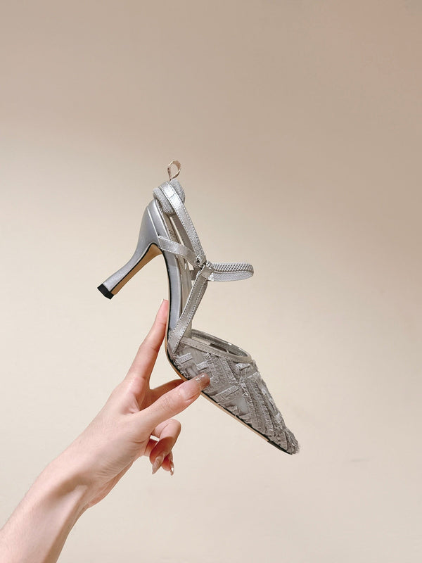 FENDI COLIBRÌ HIGH-HEELED SLINGBACKS 75MM IN LIGHT GREY FABRIC
