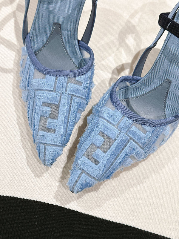 FENDI COLIBRÌ HIGH-HEELED SLINGBACKS 75MM IN SKY BLUE FABRIC
