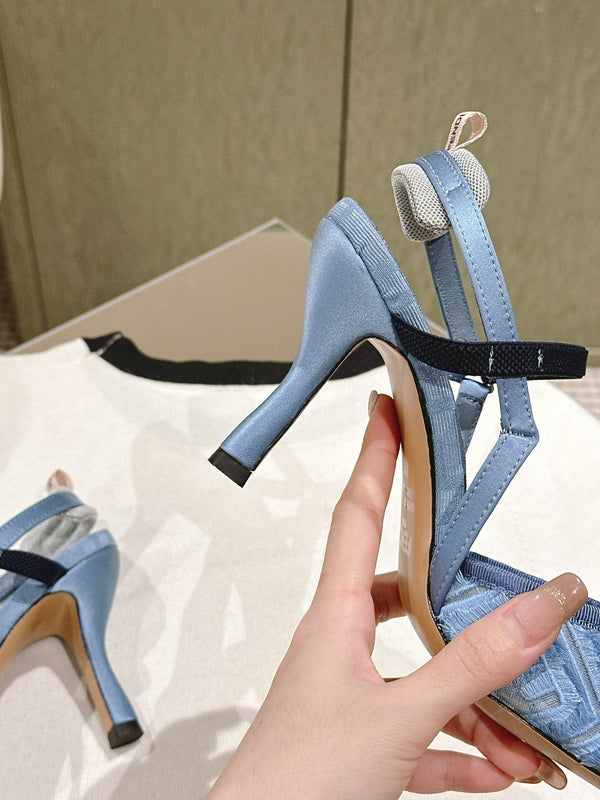FENDI COLIBRÌ HIGH-HEELED SLINGBACKS 75MM IN SKY BLUE FABRIC