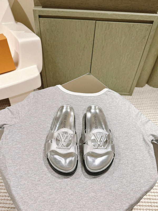 lv sandal isola flat mule silver metalic calfskin