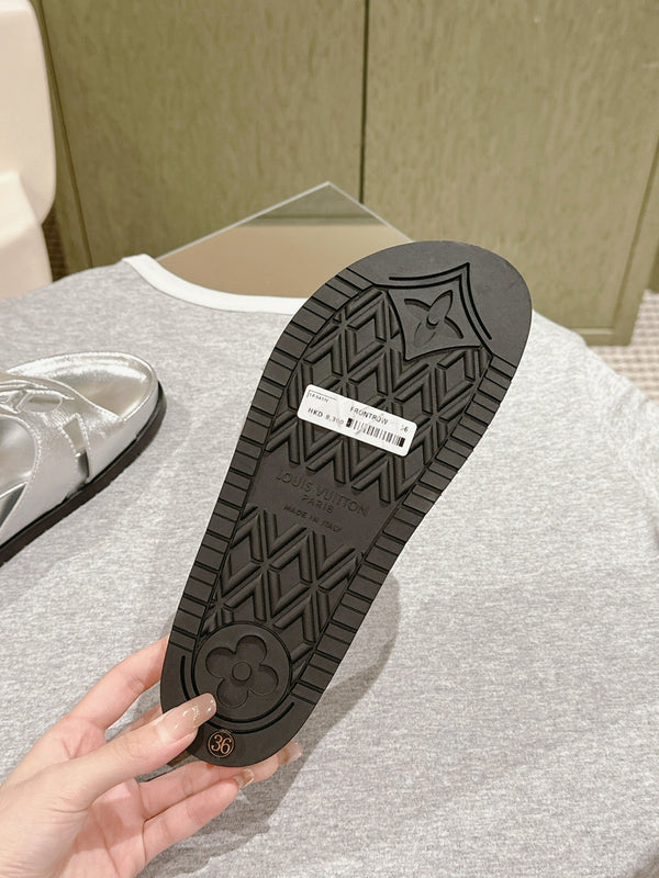 lv sandal isola flat mule silver metalic calfskin