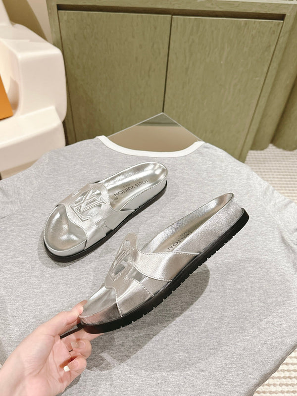 lv sandal isola flat mule silver metalic calfskin