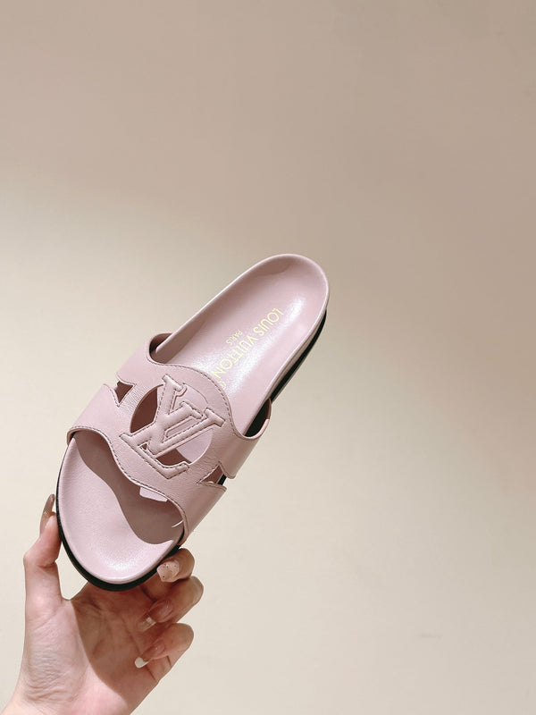 sandalo lv isola flat mule in vitello rosa chiaro