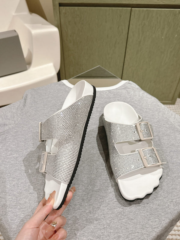 PANTOFOLE BIRKENSTOCK CON STRASS IN PELLE DI VITELLO BIANCA