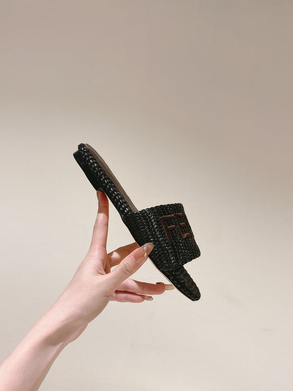 FENDI SIGNATURE MULE SLIDES IN DARK BROWN FIBRE