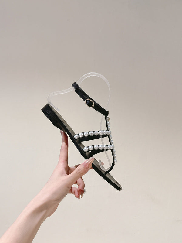 CC SANDALS PEARL ROMAN IN BLACK LAMBSKIN