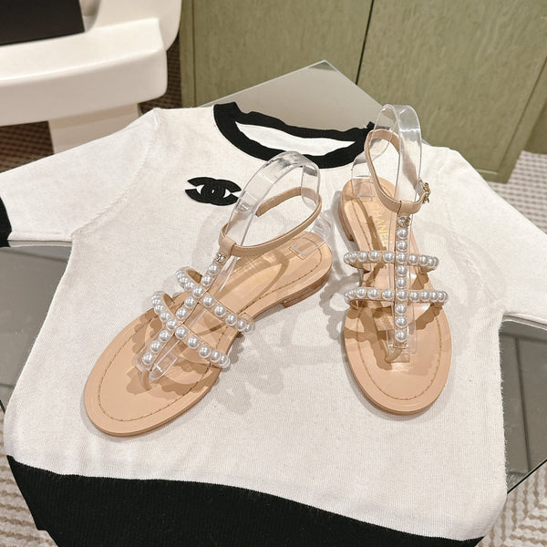CC SANDALS PEARL ROMAN IN ALMOND BEIGE LAMBSKIN