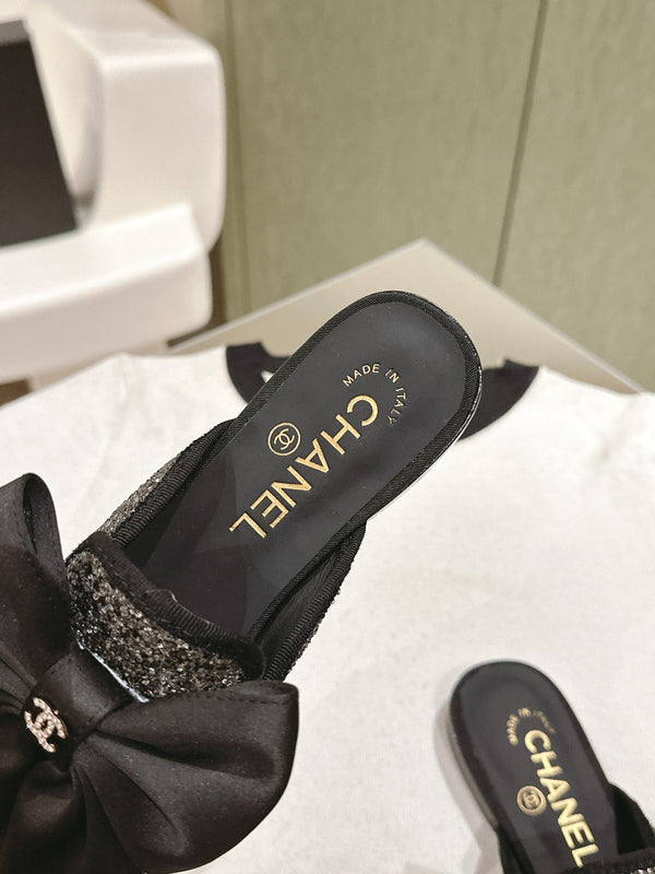 CC JEWELED MULE WITH SILK BOW AND BLACK LAMBSKIN