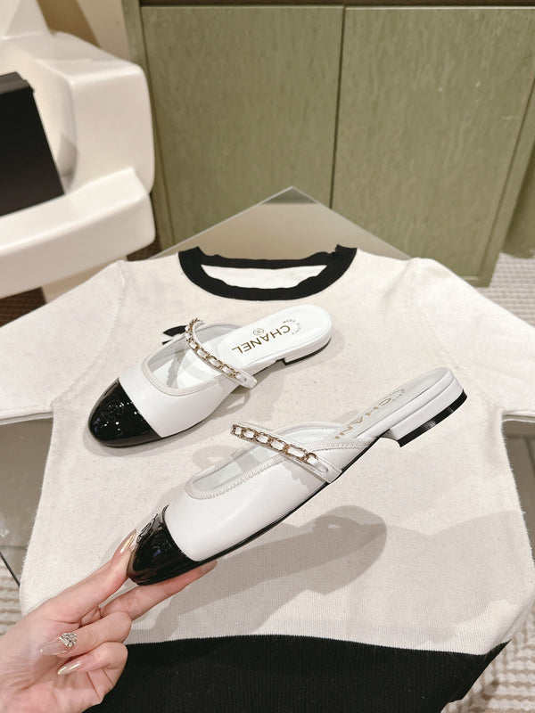 cc mule catena in pelle vitello bianco vitello verniciato nero