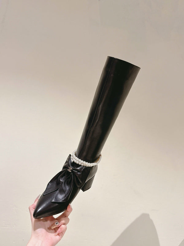 CC 24A Pearl Bow Knee-High Boots 65mm Black Sheepskin 447462