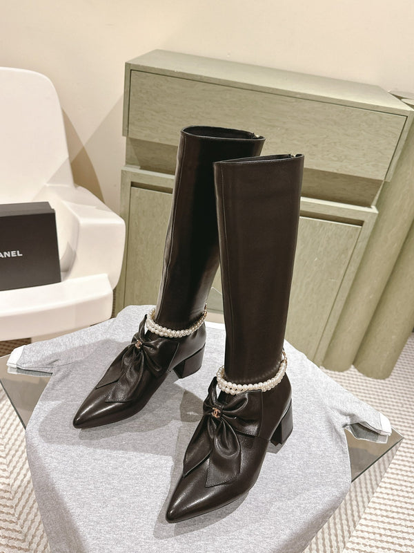 CC 24A Pearl Bow Knee-High Boots 65mm Black Sheepskin 447462