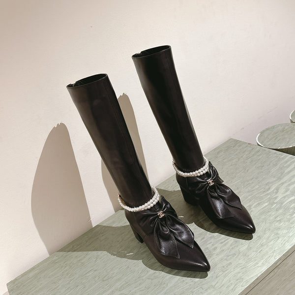 CC 24A Pearl Bow Knee-High Boots 65mm Black Sheepskin 447462