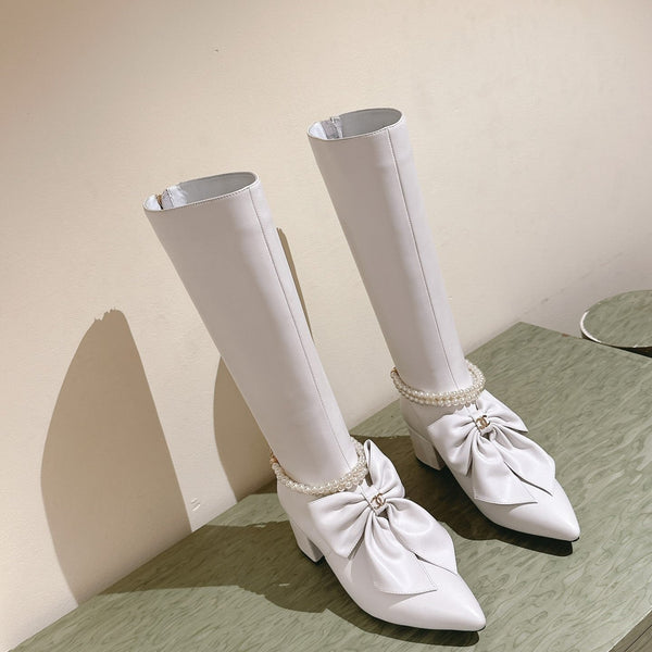 CC 24A Pearl Bow Knee-High Boots 65mm White Sheepskin 447464