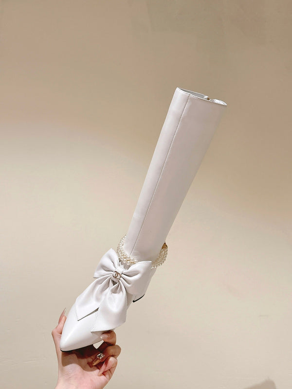 CC 24A Pearl Bow Knee-High Boots 65mm White Sheepskin 447464