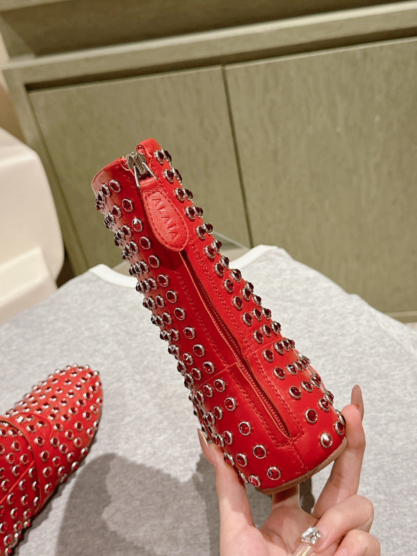 ALAIA SHORT BOOTS IN CHERRY RED LAMBSKIN ATTACH RHINSTONES