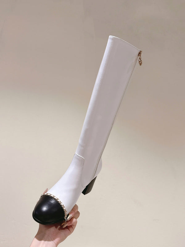 CC 24 FW Knee-High Boots with Chain 70mm White Black Cowhide 447184