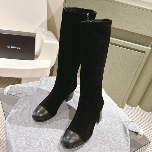 CC 24 FW Stivali alti fino al ginocchio 70mm in pelle scamosciata e vacchetta nera 447187