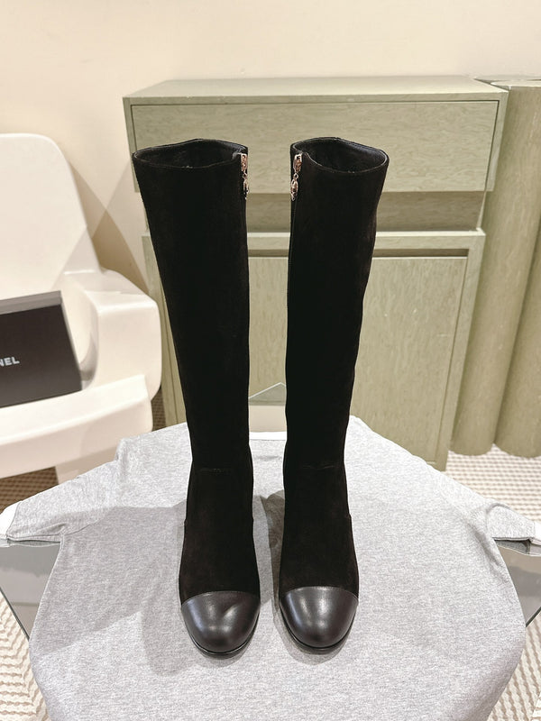 CC 24 FW Stivali alti fino al ginocchio 70mm in pelle scamosciata e vacchetta nera 447187