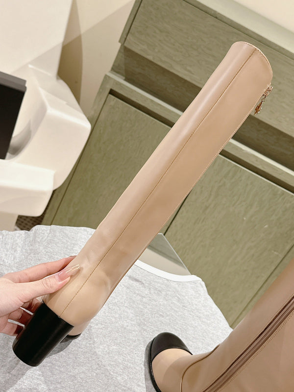 CC 24 FW Knee-High Boots 70mm Beige Black Cowhide 447188