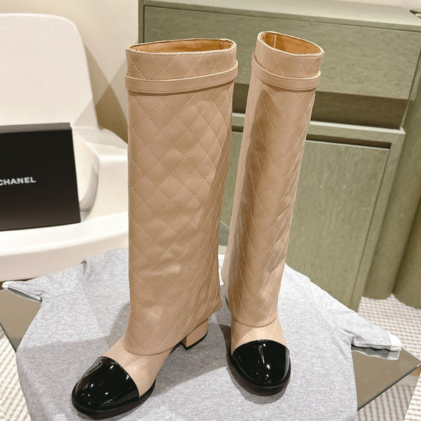 CC 24ss Fold-Over High Boots 40mm Beige Quilted Sheepskin 447475